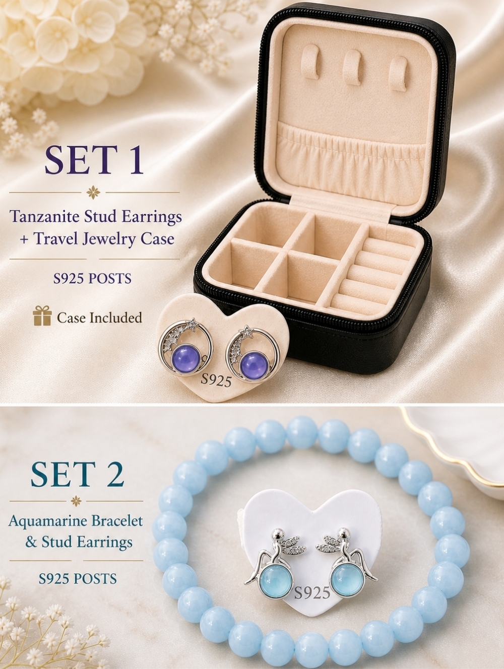 Pick Set: Tanzanite S925 Studs & Case Or Aquamarine Bracelet & S925 Fairy Studs